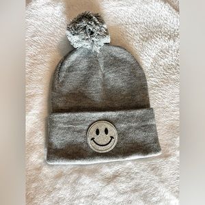 Grey Pom Happy Face Beanie